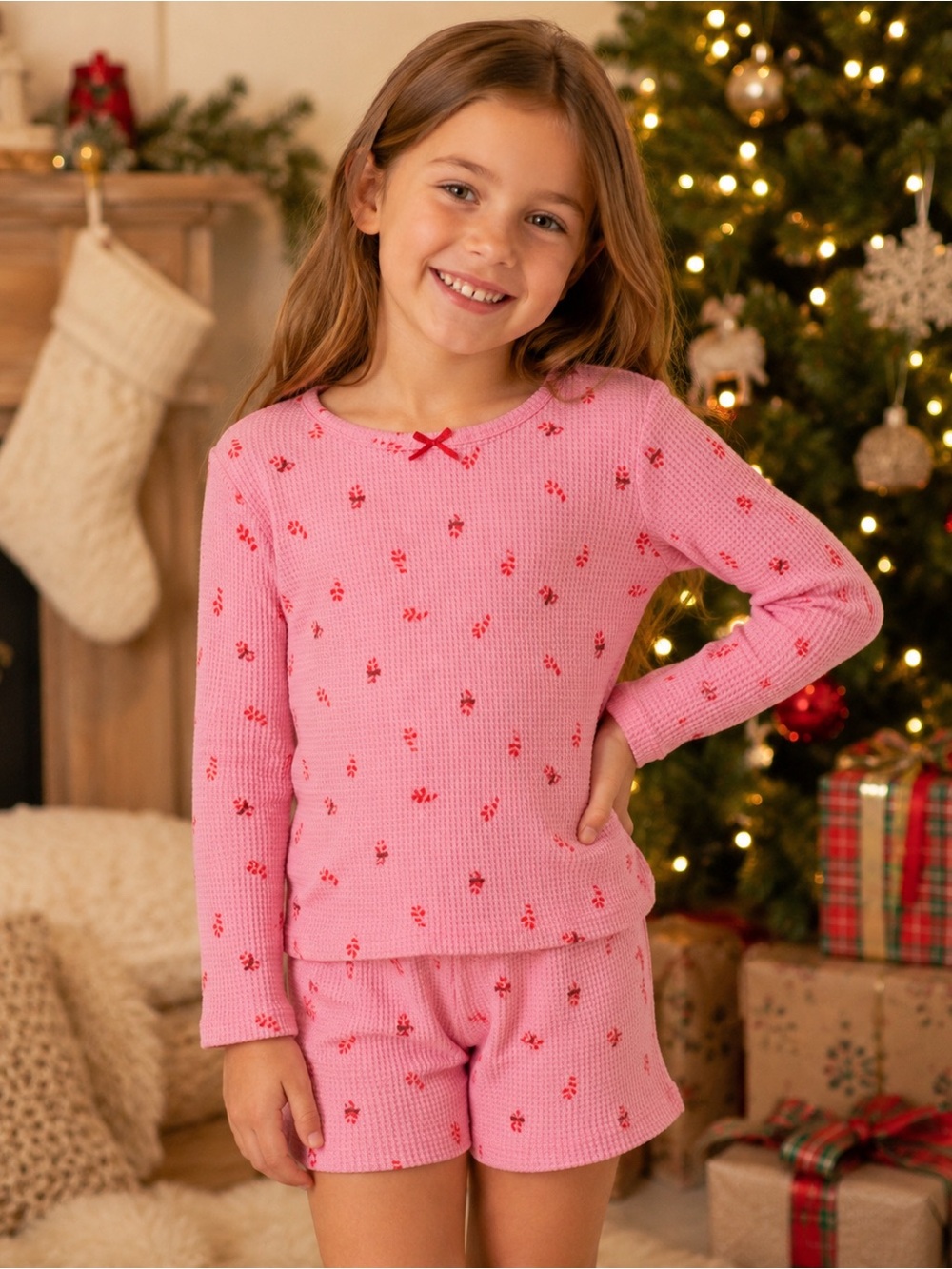 Cat & Jack Pink Candy Cane Thermal Pajama Set - Long Sleeve Top & Shorts